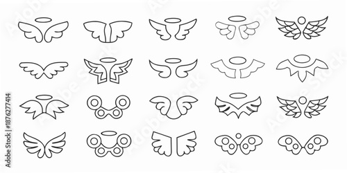 Various styles of angel wings and halos illustrated in a black and white design
