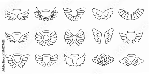 Collection of various black and white angel wing and halo line art designs