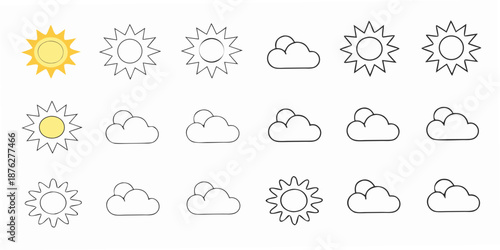 A collection of weather icons depicting suns and clouds in varying styles
