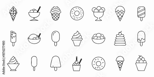 Various black and white line art illustrations of different ice cream treats