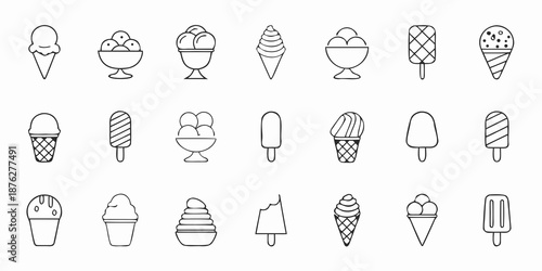 Collection of various ice cream and frozen dessert line icons illustration