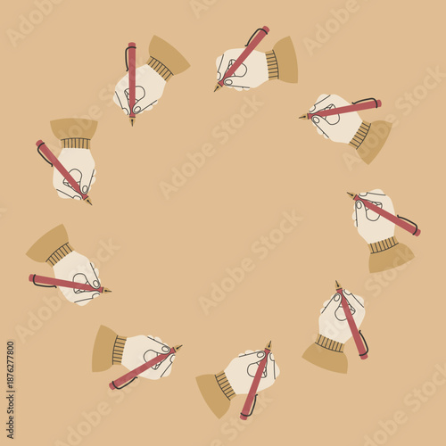 Writing Hand with Fountain Pen Wreath. Writer Student Pupil Gesture Background. Circle Education Creativity Frame. Round Border. Flat vector illustration