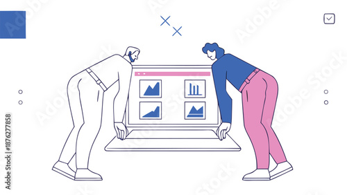 Two business professionals analyzing data on a large computer screen together