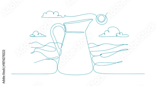 Take a look at this continuous line drawing of a water jug. It's done in line art style. The background features a one line drawing. This is a vector illustration.