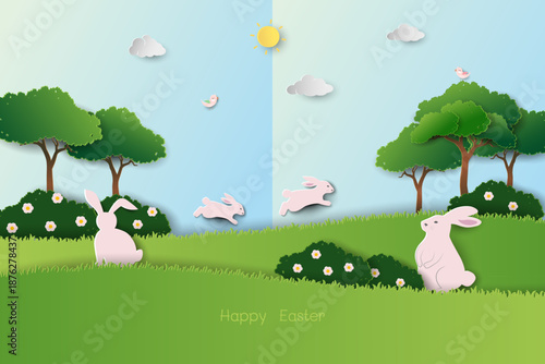 Happy Easter greeting card,spring nature background with cute cartoon bunny happy on sunshine day