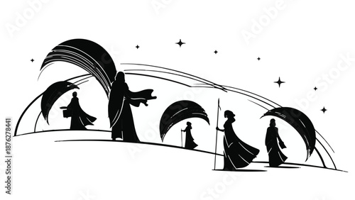 Mystical figures journey under starry sky with abstract celestial arches