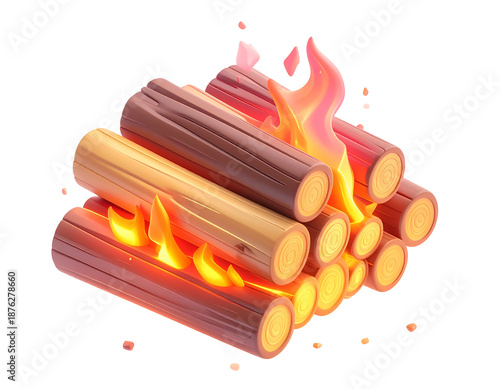 Cartoon-style bonfire with stacked logs and bright, stylized flames