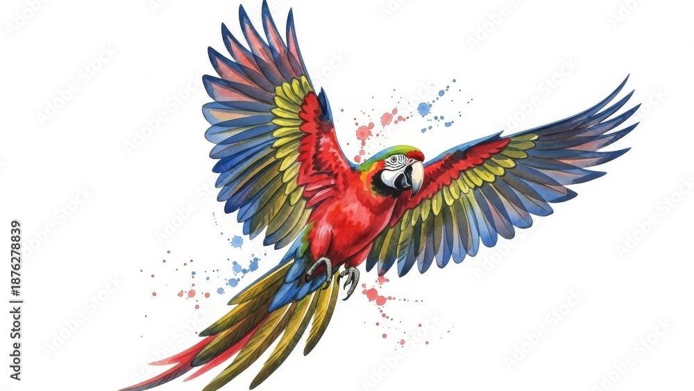 Obraz premium Colorful parrot in mid-flight, wings spread wide, showcasing vibrant plumage from a dynamic, close-up perspective.