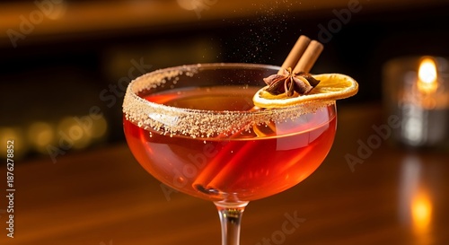 Elegant cocktail with cinnamon rim and garnishes on a dark background