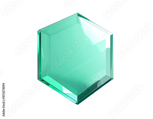 Angular, translucent, hexagonal gem with a reflective glow on black