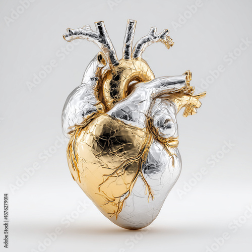 Luxurious Heart Sculpture Made From Gold And Silver Metal For Art, Decor And Luxury Gift