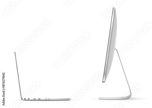 Computer screen and laptop opposite each other isolated on white background