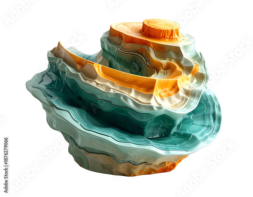 Abstract, layered, topographic-like sculpture with bright colors