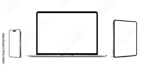Modern laptop mockup front view and smartphone and tablet mockup isolated on white background