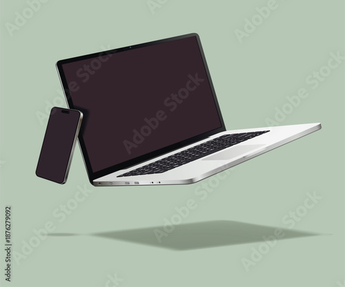 Flying laptop with smartphone mockup