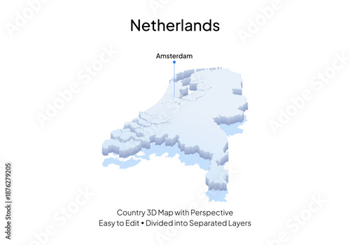 Netherlands Country Map, with 3D perspective clean style, highlighted at Amsterdam capital city 
