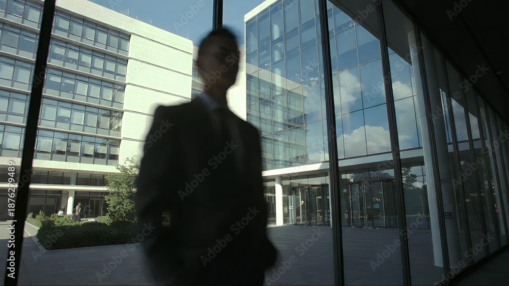 Fototapeta premium A blurred man in a suit stands inside a modern office building with large glass windows, looking out at other contemporary corporate structures.