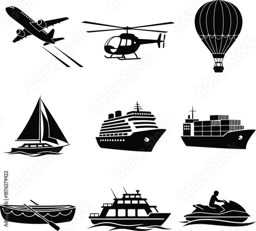 Collection of black silhouette icons representing various air sea and water transportation vehicles