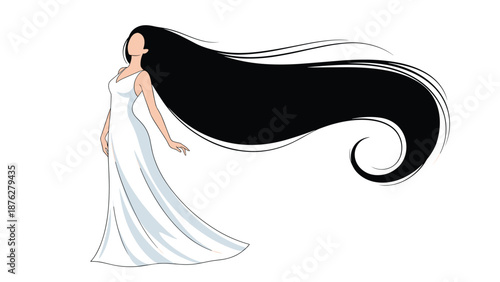 Elegant woman wearing a flowing white gown poses with exceptionally long, swirling black hair that trails gracefully behind her in this artwork.