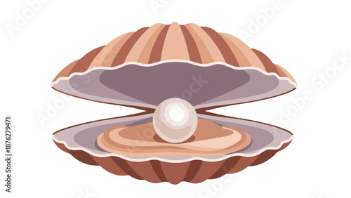 Single opened brown seashell reveals a large, lustrous white pearl resting inside its delicate curves, isolated against a plain white background.