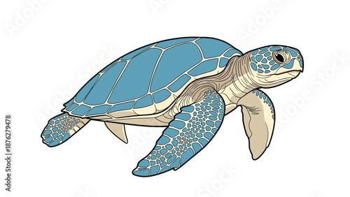 Majestic blue sea turtle swims gracefully through the water, showcasing its intricate shell patterns and flippers in a detailed illustration.