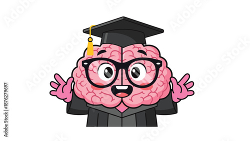 Intelligent cartoon brain character celebrates its graduation wearing a black mortarboard cap, glasses, and academic gown with a happy expression.