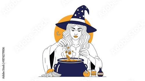 Mysterious witch with long wavy hair and a tall pointed hat stirs a steaming cauldron while adding ingredients for a magical potion or spell.