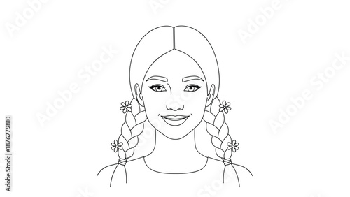 Charming line art portrait of a young girl with her hair in two braids decorated with small flowers, smiling gently with her eyes forward.