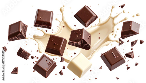 Cubes of chocolate cascade amidst a creamy splash against a black background