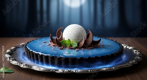 Elegant dessert composition blue cake with ice cream and chocolate accents
