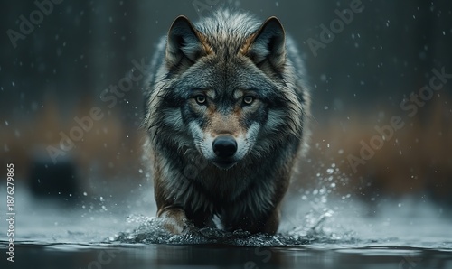 Intense gray wolf walking through water with splashes, staring directly