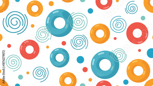 Vibrant seamless pattern features a playful arrangement of colorful rings, solid dots, and delicate swirl shapes against a clean white background.