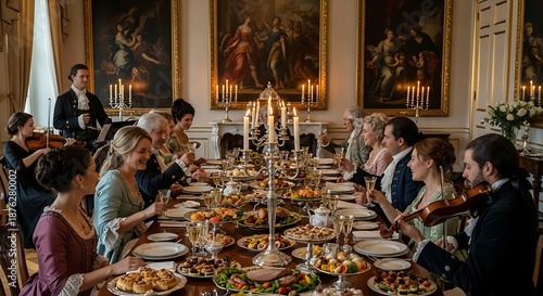 Elegant dining scene group enjoying a meal with musical entertainment
