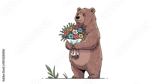 Gentle brown bear stands on two legs while holding a large, colorful bouquet of flowers, creating a sweet and thoughtful nature-themed image.