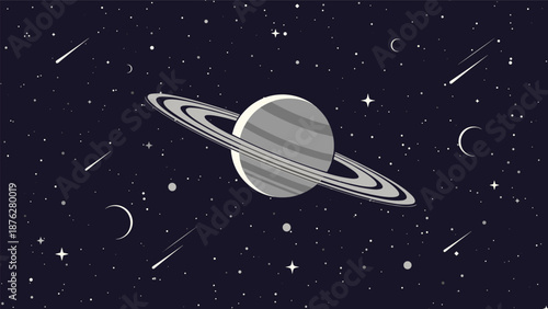 Stunning pixel art illustration of the planet Saturn with its rings centered in a vast, dark night sky filled with stars, comets, and moons.