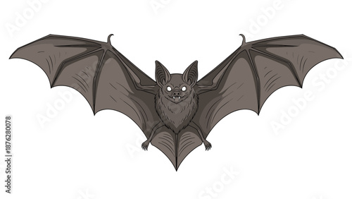 Detailed illustration of a single brown bat with its large, leathery wings fully extended, featuring sharp ears and small white glowing eyes.