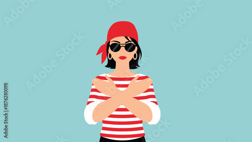 Confident female pirate with a red bandana and sunglasses stands with her arms crossed in an X shape against a light blue background.