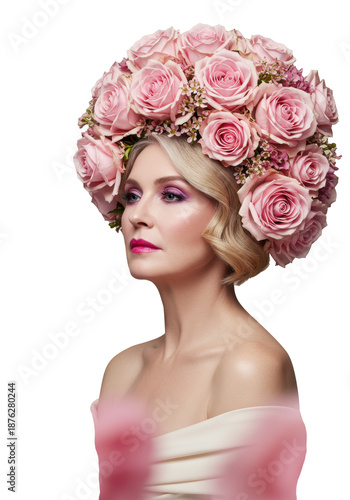 Mature caucasian woman, pink lips, purple eye makeup, rose headdress, bare shoulders, creamy studio, floral bokeh. Concept of ethereal spring beauty