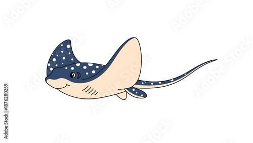 Friendly-looking blue stingray with white spots and a long tail swims gracefully, featuring its large pectoral fins and a gentle smile.