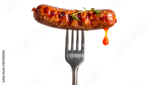 Grilled sausage on fork, glossy sauce dripping, sprig of green. Black background