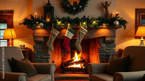 Cozy Fireplace with Christmas Decorations and Warm Lights