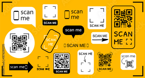 QR code scan frame for mobile phone. Modern scanner design with barcode border, smartphone mockup, camera screen badge, sticker card layout element. Sticker with scan me labels, smartphone icons