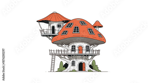 Enchanting treehouse built into large, colorful mushroom shapes features multiple levels, balconies, windows, and a ladder for a magical scene.