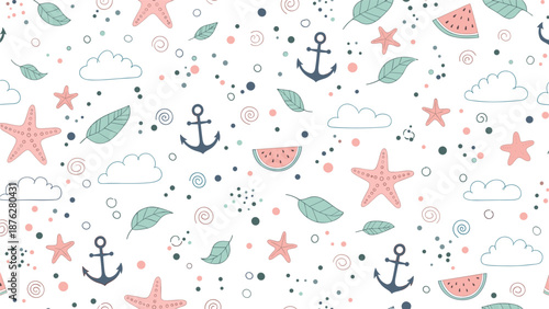 Seamless pattern featuring nautical and summer motifs like anchors and watermelon slices on a light background.