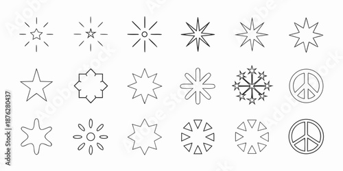 Collection of various black and white star and symbol line art designs