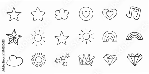 Collection of simple line drawings featuring stars hearts rainbows and other icons