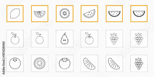 Collection of linear fruit icons pear orange kiwi and watermelon outlines