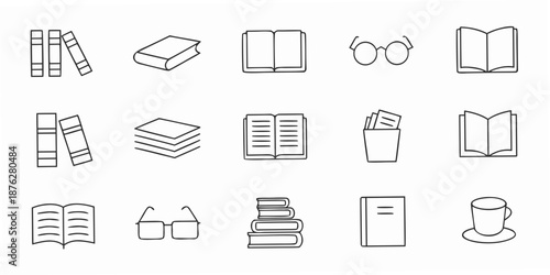 Minimalist line art depicting various books glasses and study items