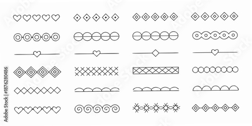Collection of decorative line art elements hearts diamonds and geometric shapes