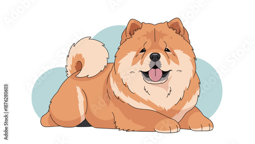 Fluffy brown chow chow dog with its tongue out is lying down comfortably against a soft blue background.